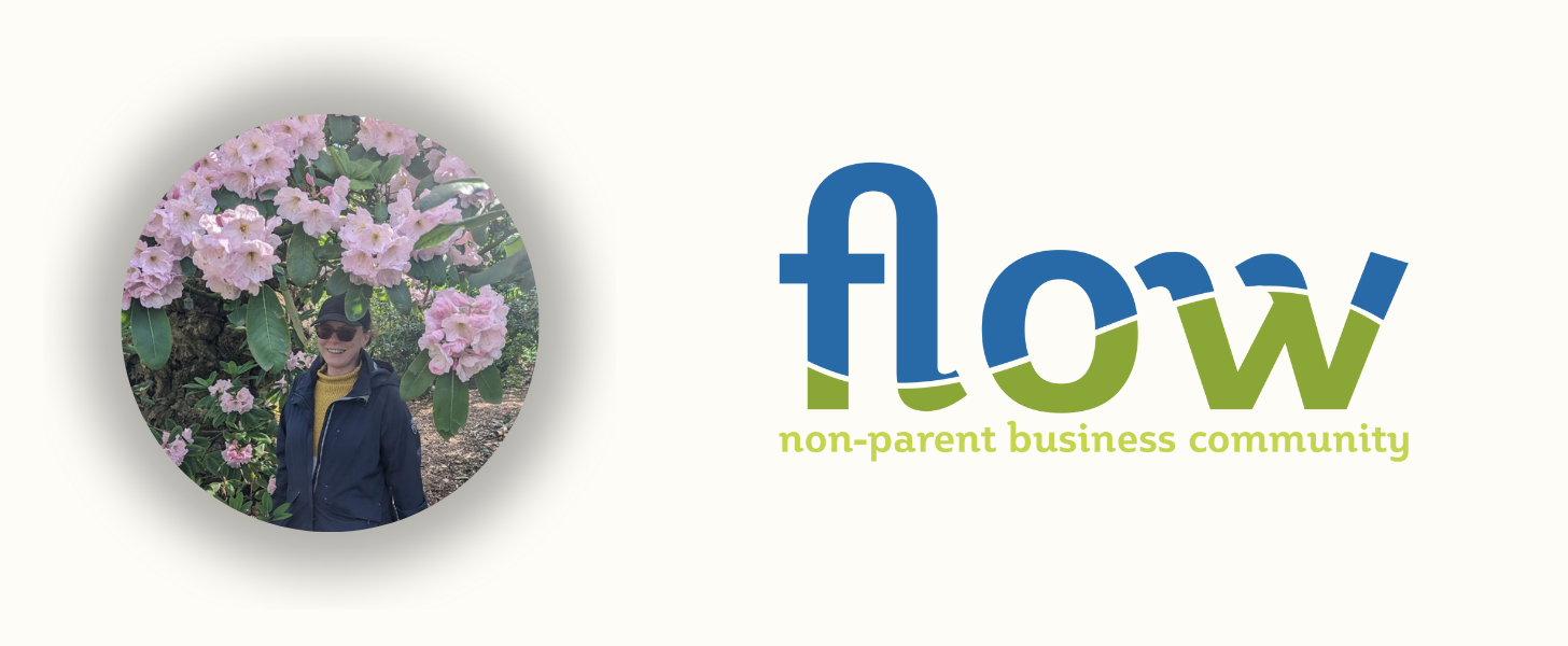 A cream banner with the Flow logo in blue and green. To the left is a photo of Lisa cropped to a circle; she's standing underneath a pink rhododendron bush and smiling