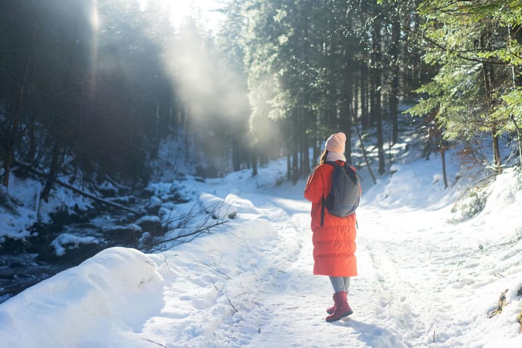 A woman is walking along a snow covered path in a forest; she's wearing a long red coat and has a black rucksack on her back.