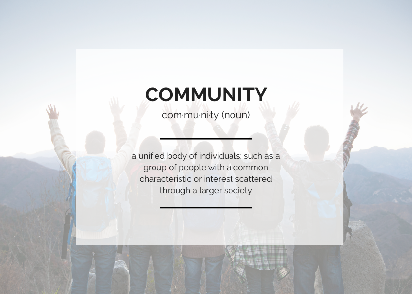 A faded image of a group of people with hands in the air + definition of the word community: a unified body of individuals; such as a group of people with a common characteristic or interest